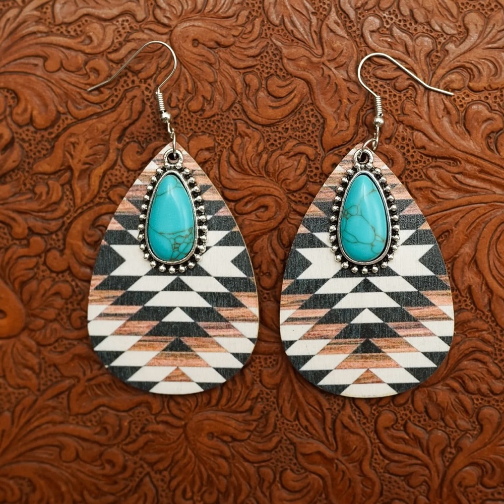 #46 | Aztec Black & Brown Teardrop Dangle Earrings with Turquoise Pendant. - Picture 4 of 5